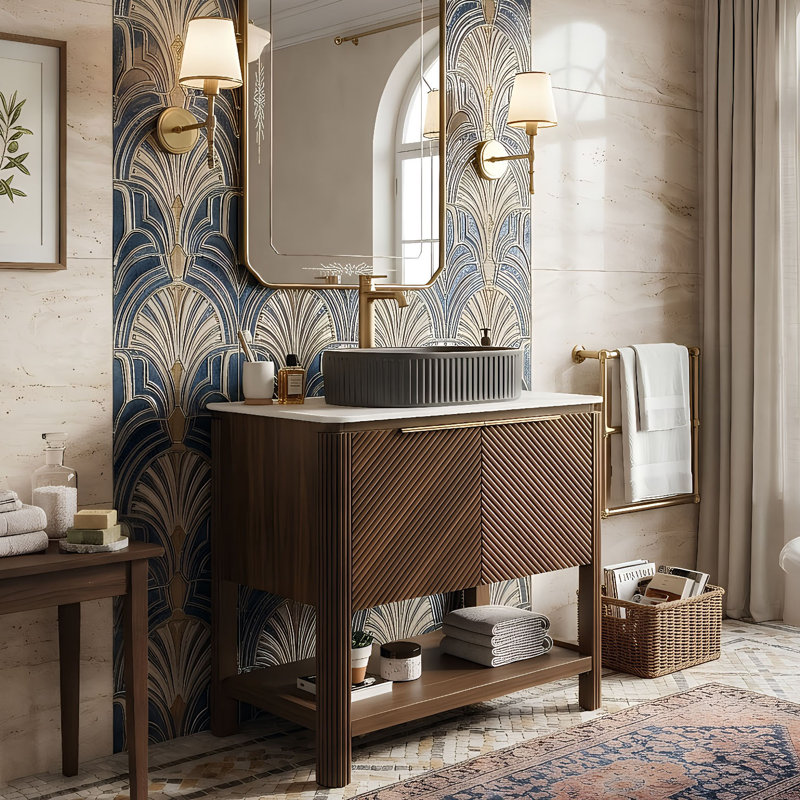 Meuble-lavabo moderne cannelé de 30 po avec plateau en pierre frittée, vasque interchangeable, portes en bois massif et tablette ouverte (noyer)