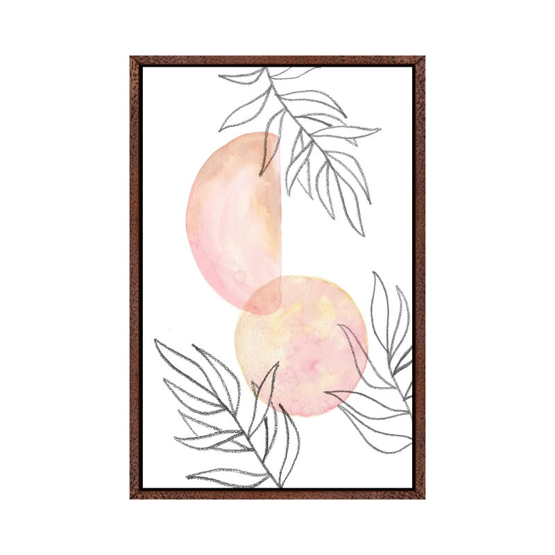 Blush Pink Shapes And Leaves by Whales Way - Painting on Canvas, 66.04cm H x 45.72cm W x 3.81cm D, Classic Brown Wood Framed