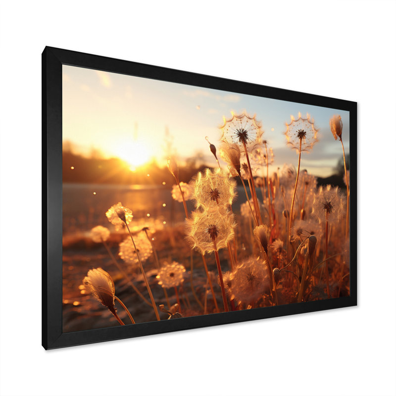 Coucher de soleil pissenlit champ II - art mural floral salon, H 12 po x l 20 po x P 1 po, Cadre photo noir