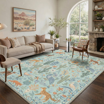 Tavaris Flora Fauna Boho Machine Washable Green / Blue / Brown Indoor Kids Area Rug with Non-SlipBacking
