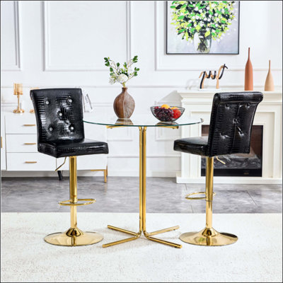 Modern Bar Table and Stools Set, Round Glass Top Pub Table with Chrome Base & 2 Crocodile Embossed PU Leather Bar Stools with Adjustable Height & Swivel, Home Bar Bistro Set