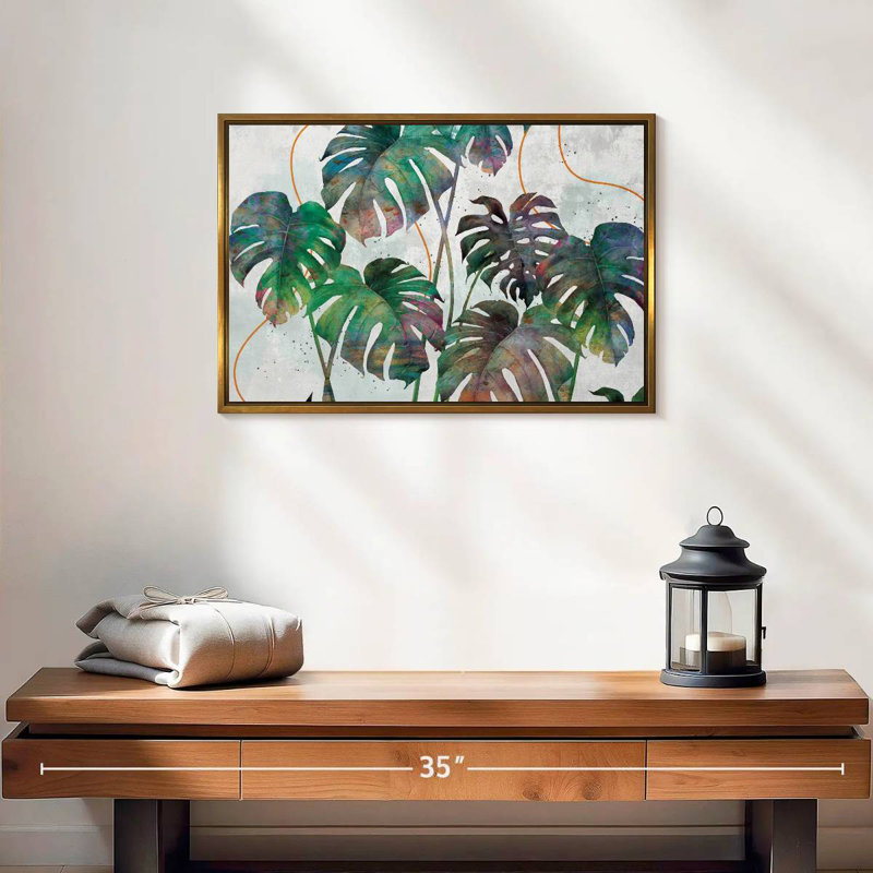 Feuilles de Monstera, 19 po x 13 po, Cadre flottant doré
