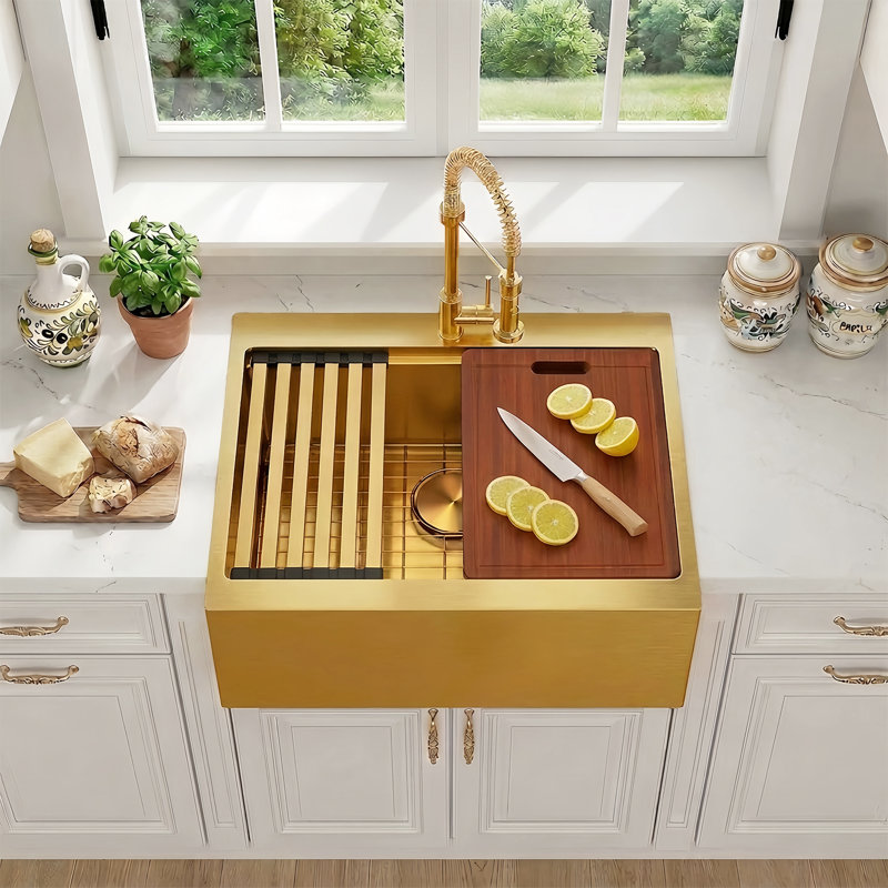 26" L X 22" W Large Farmhouse Kitchen Sink Single Bowl Stainless Steel Kitchen Sink Single Basin, Gold