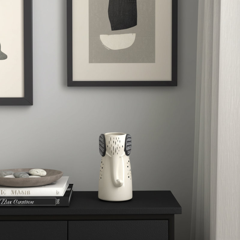 9" White Stoneware Ceramic Elephant Figurine - Contemporary Decorative Accent for Home, Office, Bedroom, or Living Room.