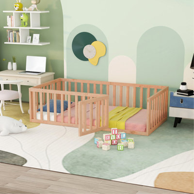 Twin Size Wood Floor Bed Frame With Fence And Door