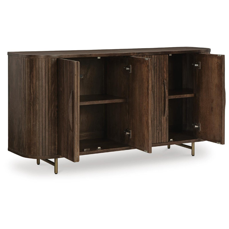 Armoire d'appoint Micky 68 po avec 4 portes cannelées, pieds en bois de manguier brun