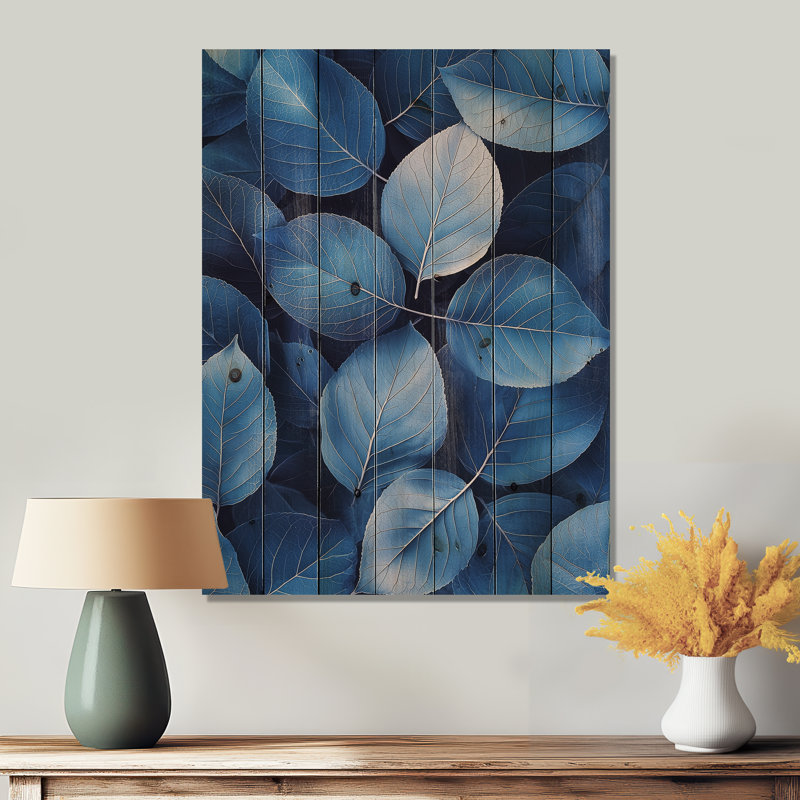 Pervenche, feuilles de bleu simplicité I - feuilles, décoration murale en bois - sur bois de pin naturel, H 44 po x l 34 po