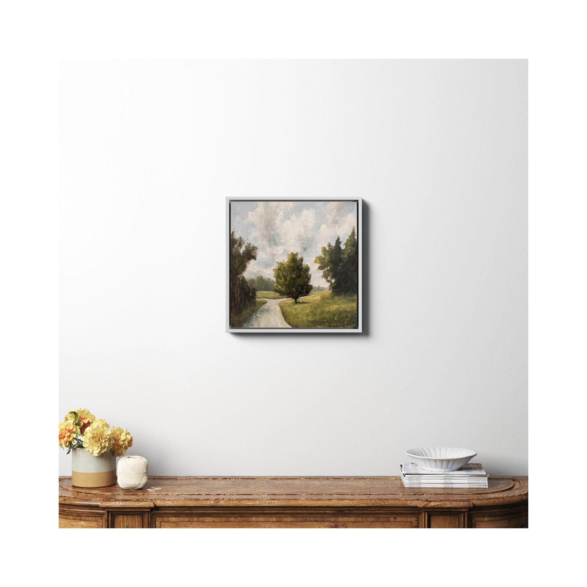 Around The Bend by Miss Mustard Seed, White Framed Canvas, 20" H x 20" W x 2" D, No