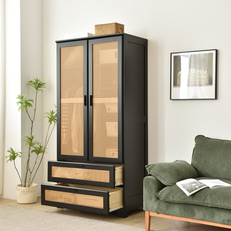 Armoire en rotin massif avec 2 tiroirs, Noir