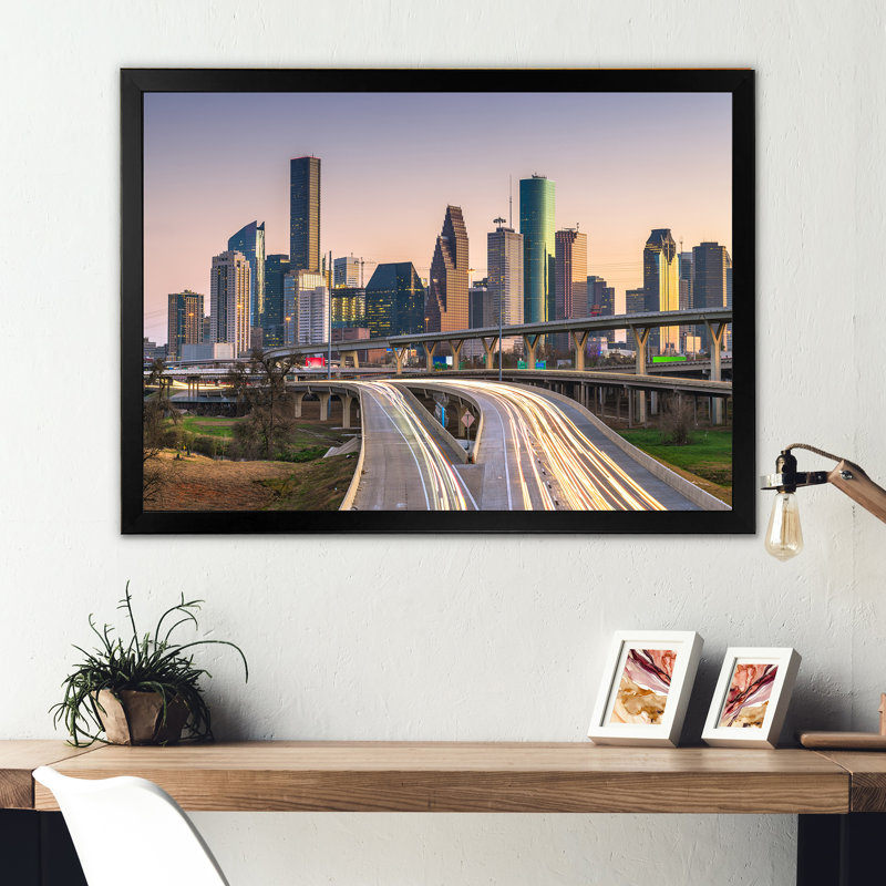 «Houston Texas Skyline - Cityscapes», reproduction d'art sur toile, Cadre photo noir simple, H 34 po x l 44 po x P 1,5 po