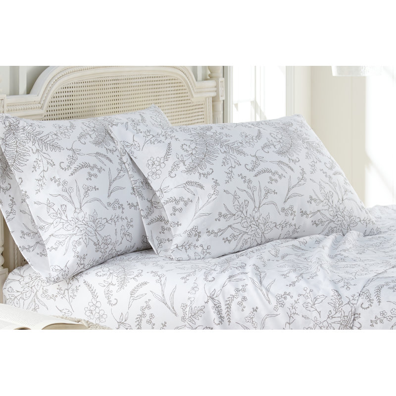 Dunson Print Floral Pillowcase, Queen Pillowcase, White/Steel Gray