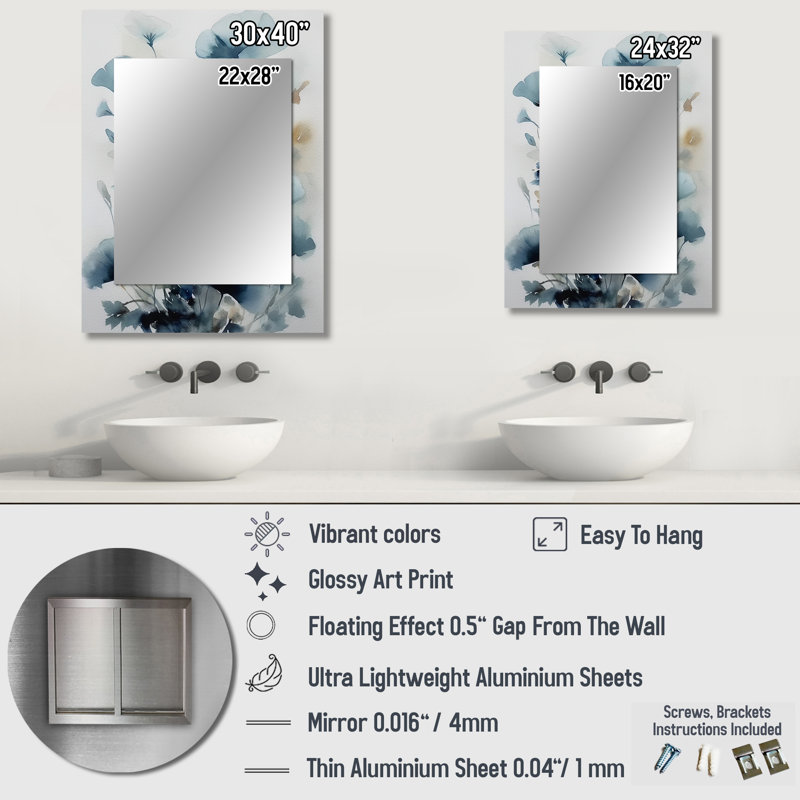 «Blue Leaf Foliage And Flowers I - Leaves», miroir décoratif traditionnel, art mural en métal imprimé, 32 po x 24 po
