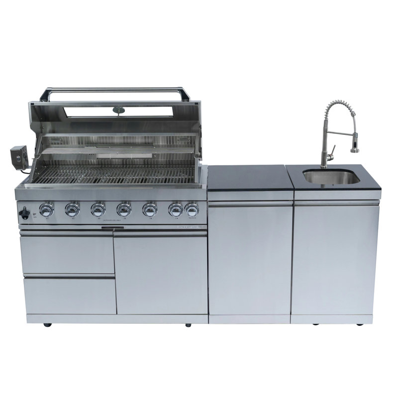 Barbecue extérieur 85 pouces à 6 brûleurs 85 000 avec comptoirs en granite, roulettes, plateau à graisse et support en acier inoxydable, lumières halogènes de style traditionnel américain 85000