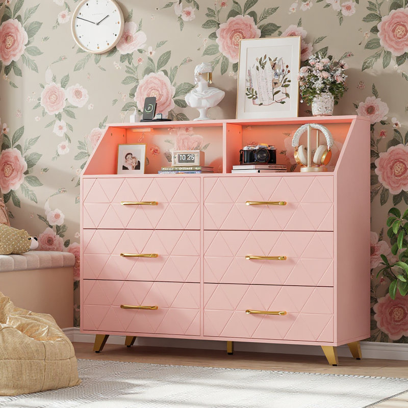 6 Drawers Dresser For Bedroom, With Charging Station And LED Lights, Pink