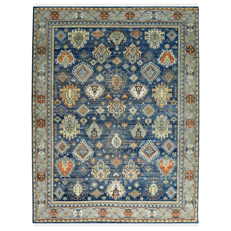 Tapis oriental noué à la main en bleu / gris, Rectangle 9 pi x 12 pi