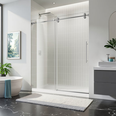 60" x 76"  Single-Slide Shower Door, One Fixed & One Sliding 10mm Reinforced Glass, Stainless Steel Guide Rail, Chrome Finish