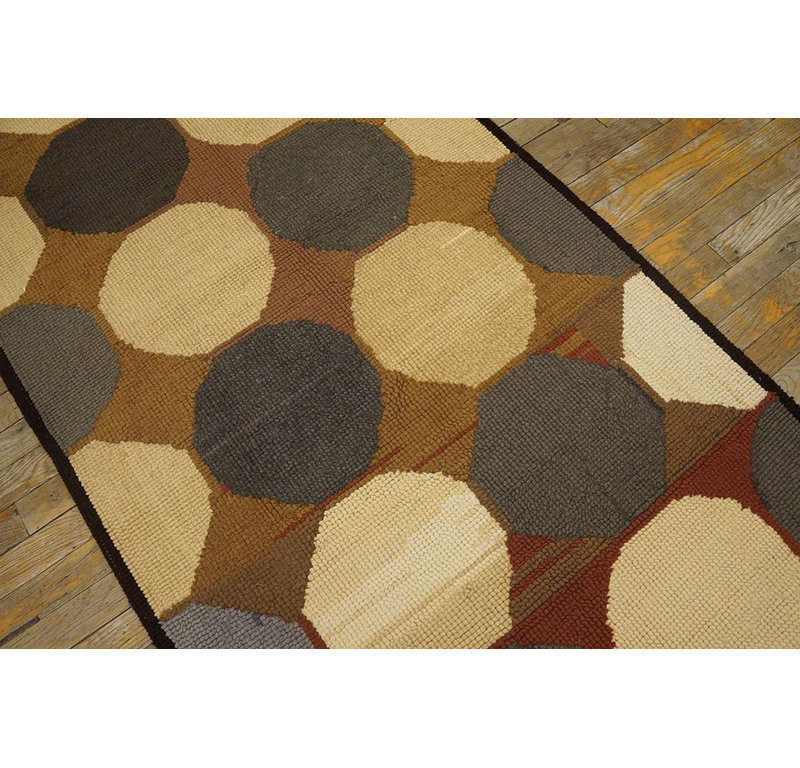 1960s Multi Circles Modern Vintage American Hooked Rug 4'1''x8'9'' Woven Carpet