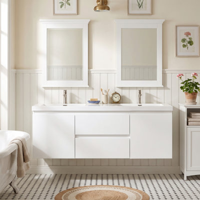 59'' Melamine Wood Floating Bathroom Vanity in White with 2 Gloss White Resin & Calcium Carbonate Integrated Sinks, 2 Drawers & 2 Doors