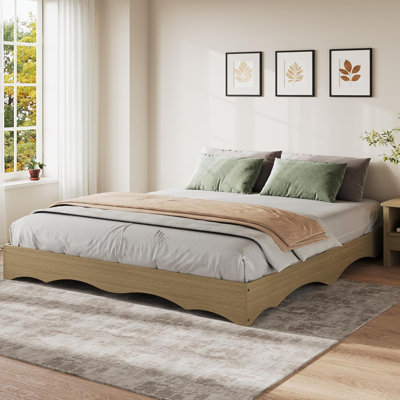 California King Wave Wood Platform Bed Frame, Noise-Free Slats, Natural Wood