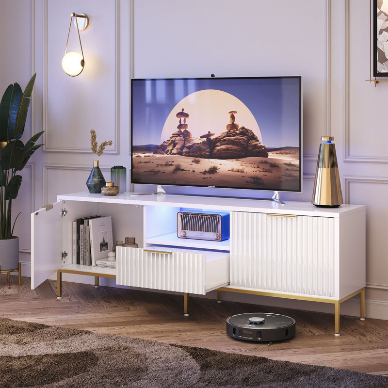 Fluted TV Stand, Glossy Media Console with Wave Pattern Buffet Cabinet, White, 54cm H x 140cm W x 35cm D