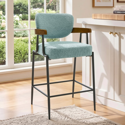 Walnut-Veneered Wraparound Counter Stool with Upholstered Seat and Armrest