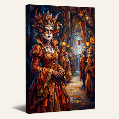 Femme en costume de bal masqué d'automne et couronne, tableau mural d'Halloween sur toile
