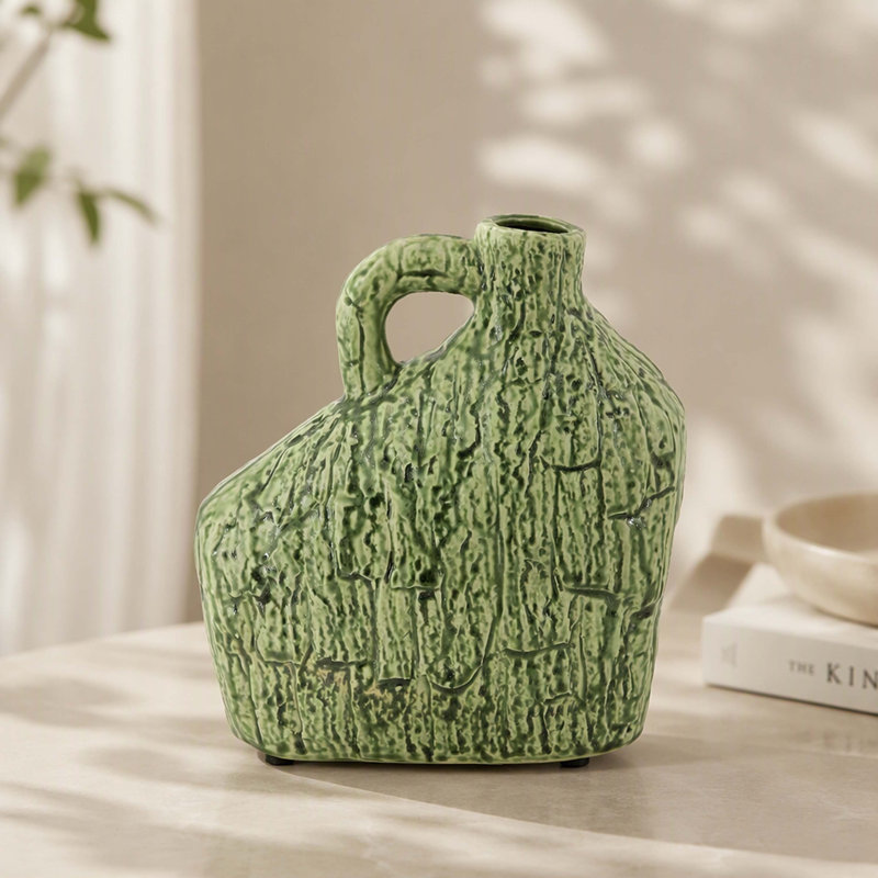 Mini Asymmetrical Green Ceramic Accent Vase with Handle, Boho Shelf Decor