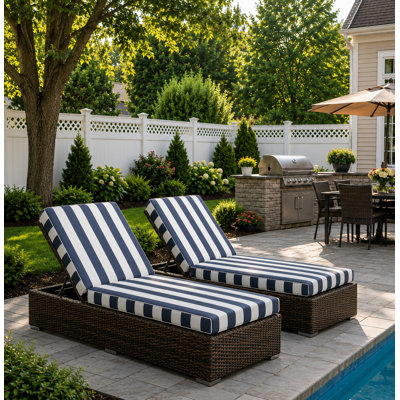Outdoor Chaise Lounge Cushions Set of 2, 75"x24"x4" Patio Lounge Chair Cushions with Removable Covers, Waterproof Replacement Cushions for Outdoor Furniture, Poolside, Lawn-NavyBlue/White Striped