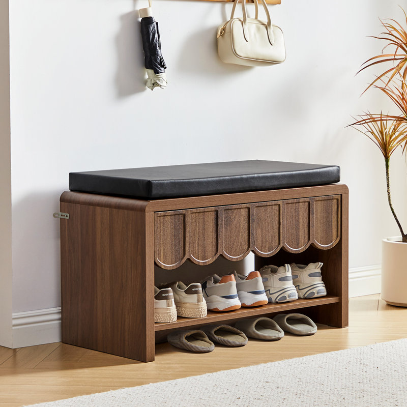 Pu Upholstered Shoe Storage Bench With A Drawer, Walnut
