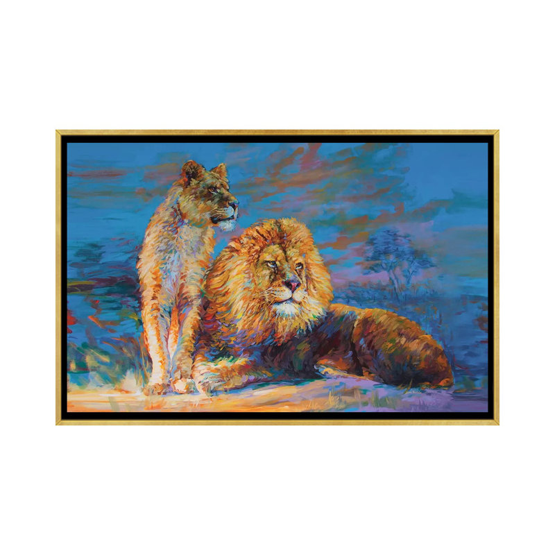 Lion et lionne par Leon Devenice - impression d'art graphique, H 26 po x l 40 po x 1,5 po, Toile encadrée d'or, Pas de tapis
