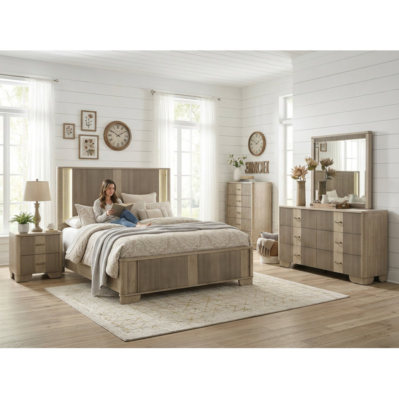 5 Piece Modern Bedroom Set with LED Headboard, Fluted Natural Oak Finish, Storage Bed Frame, 6 Drawer Dresser, Dresser Mirror, 5 Drawer Chest, 2 Drawer Nightstand, Neutral Furniture for Master Bedroom, Guest Room