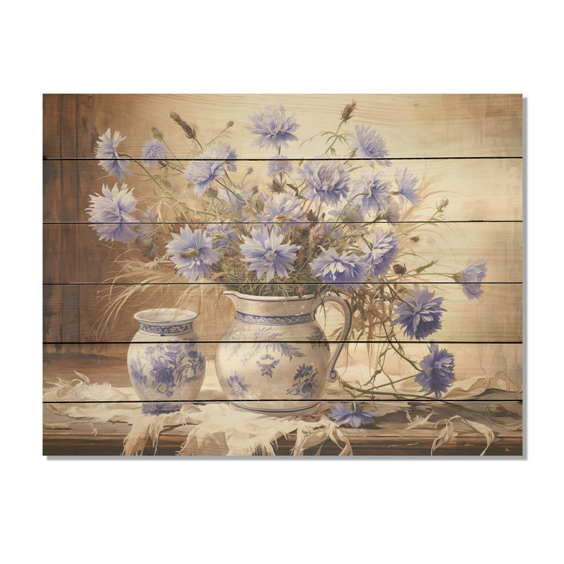Cornflowers Farmhouse Still Life - Art mural en bois sur bois de pin naturel, H 30 po x l 40 po