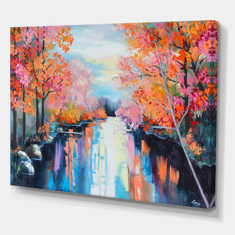«Orange Autumn Forest by the River», peinture sur toile, H 16 po x l 32 po x p 1 po, Toile tendue
