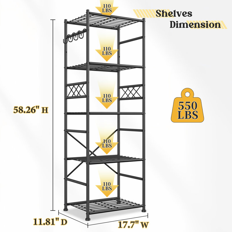 Tablettes de rangement l 17,7 po en métal avec crochets, support de rangement sans oscillation avec pieds de nivellement pour garde-manger de garage, noir