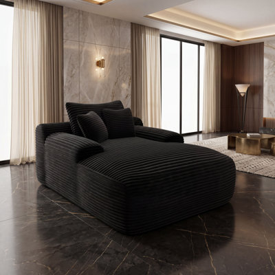 Chaise longue à rayures en velours côtelé avec porte-gobelet et coussins décoratifs
