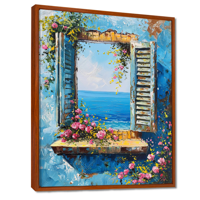 Fleur rose, fenêtre rustique, impression d'art mural fenêtre, Toile avec cadre flottant brun, H 40 po x l 30 po x P 1,5 po