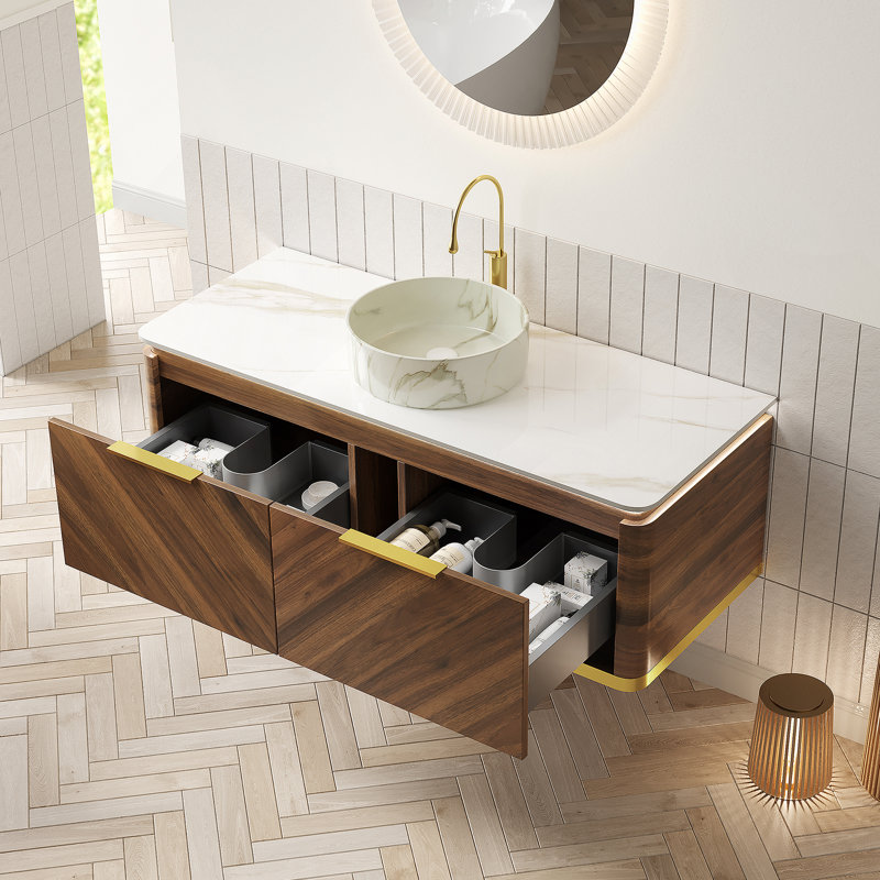 Meuble-lavabo et évier de salle de bain 48 po DIPA, armoire de rangement en contreplaqué flottant, tiroirs avec poignée et capteur de lumière, vasque en céramique à motif de pierre et plateau en pierre frittée, pré-assemblé, couleur grain de bois noyer foncé