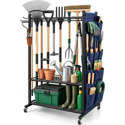 Garden Yard Tool Organizer Rack with Hooks and Side Pockets