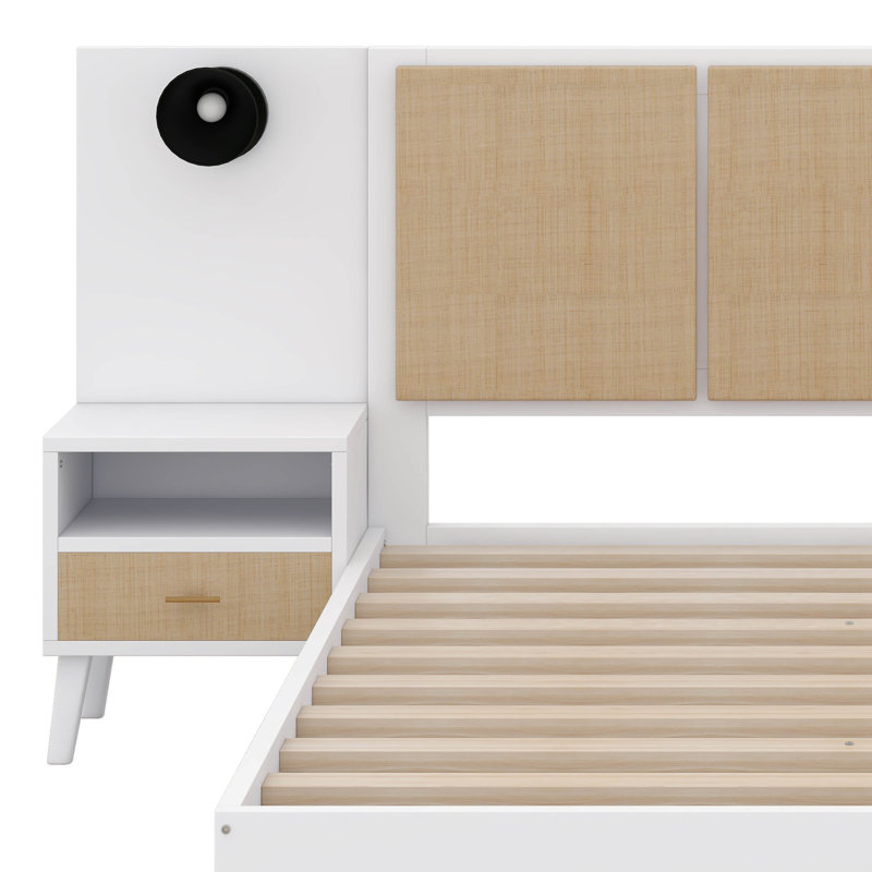 Structure de lit grand en bois massif avec 2 tables de chevet, Blanc