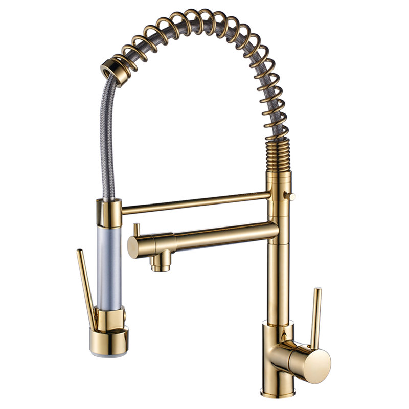 Robinet de cuisine en or brossé avec douchette rétractable, levier simple, débit réglable et douchette ajustable, débit d'eau
