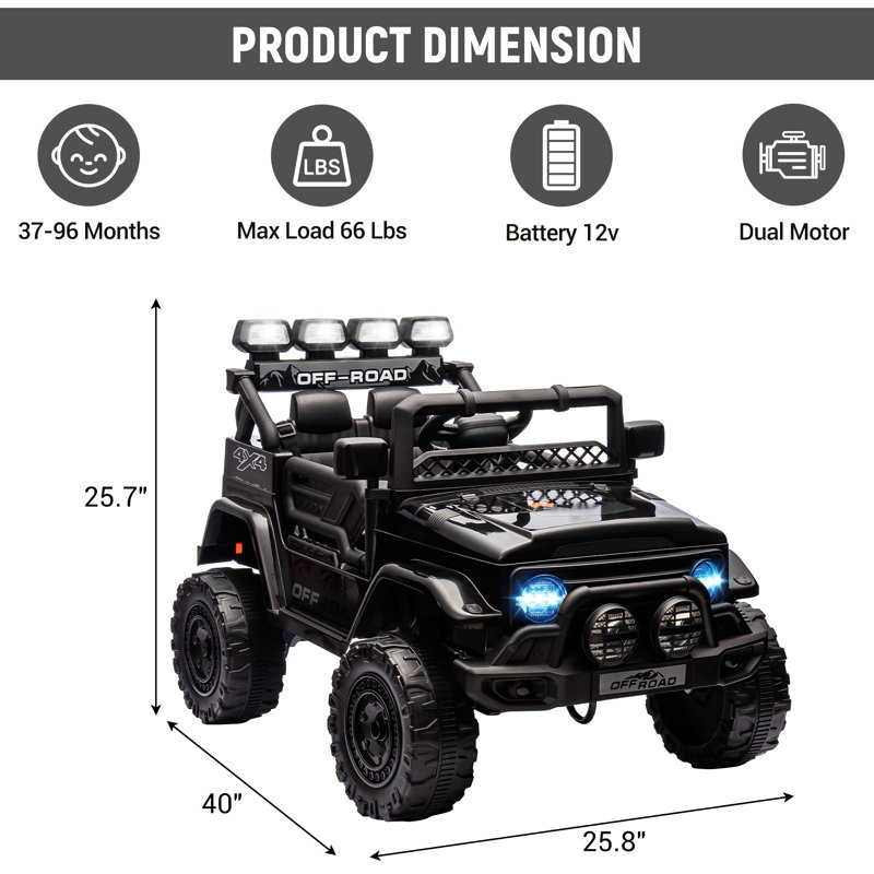 GarveeHome 12V Ride On Truck Car, 2WD Electric Car with Remote Control, Toddler Battery Powered Ride On Toy with Spring Suspension, LED Lights, Music, Battery Display for Kids 3-8, Black