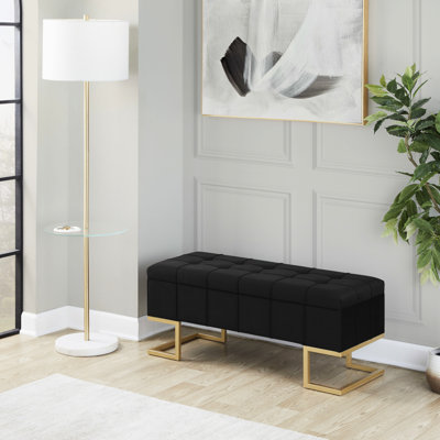 Contemporary/ Black Velvet And Gold Metal Storage Bench With Button- Upholstery, Flip-Top Lid, Seats Two Comfortably, 500 Lbs Capacity, Indoor Use, Assembly Needed In Legs, Look, Two, Weight Limit,