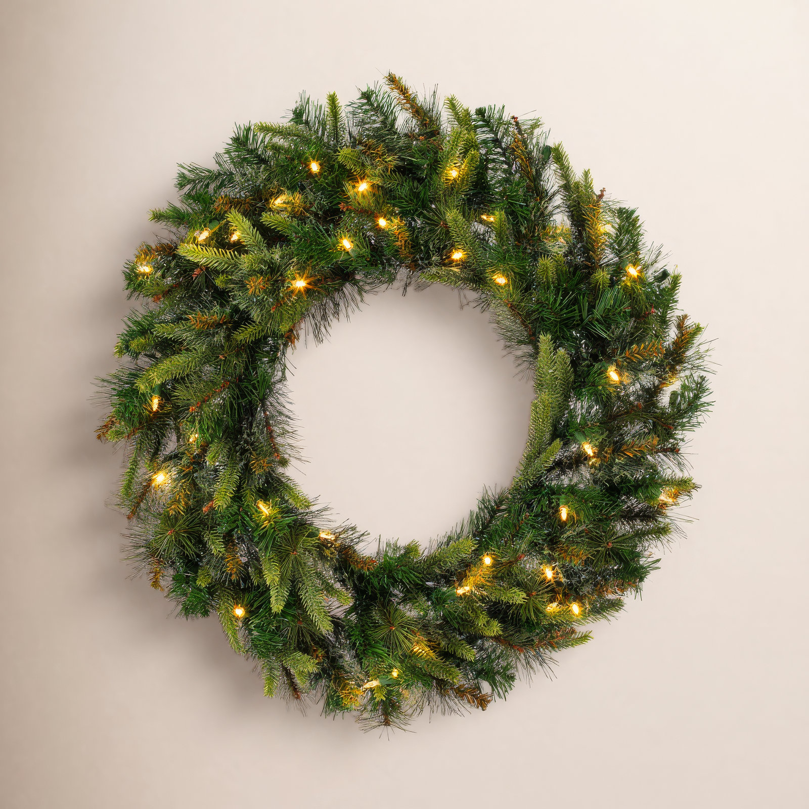 Cashmere Pine 24" Pre-Lit Mixed Christmas Wreath, 24" H x 24" W x 3" D, Warm/Clear Lights