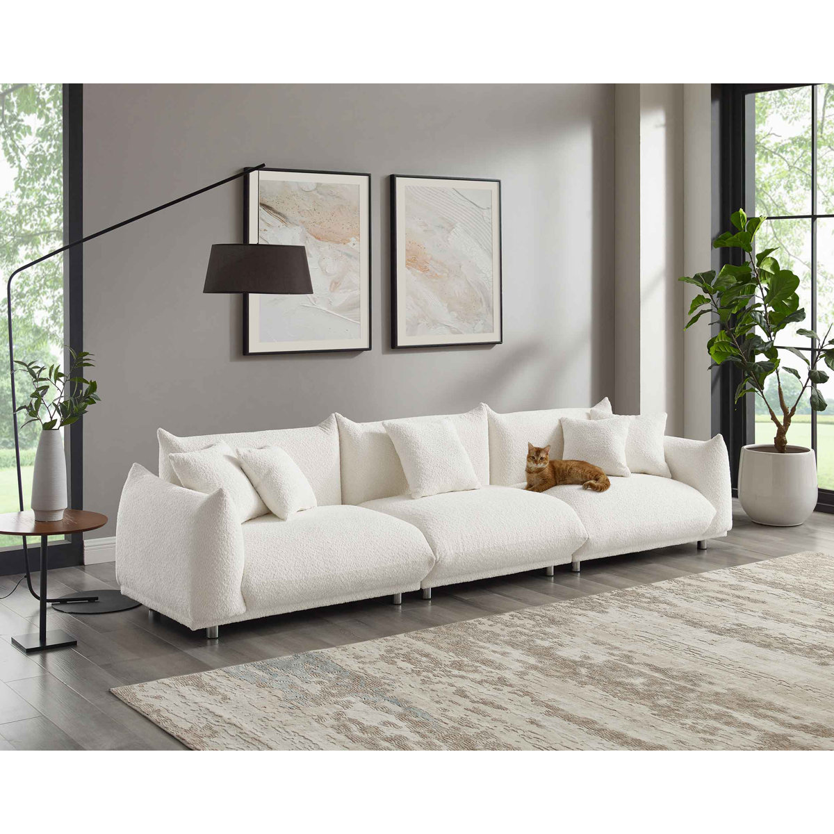 MINIMORE Chris 124.5 in. W Round Arm Sherpa Fabric Modern Design 4-Seat Straight Sofa with Metal Chrome Legs in White MM-0022WT