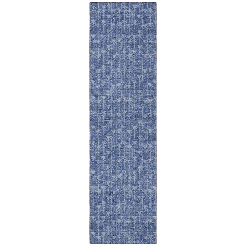 8' Runner Navy Blue Geometric Washable Non Skid Indoor Outdoor Runner Rug