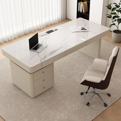 White + Beige Rectangular Sintered Stone + Manufactured Wood with 6 drawers desk