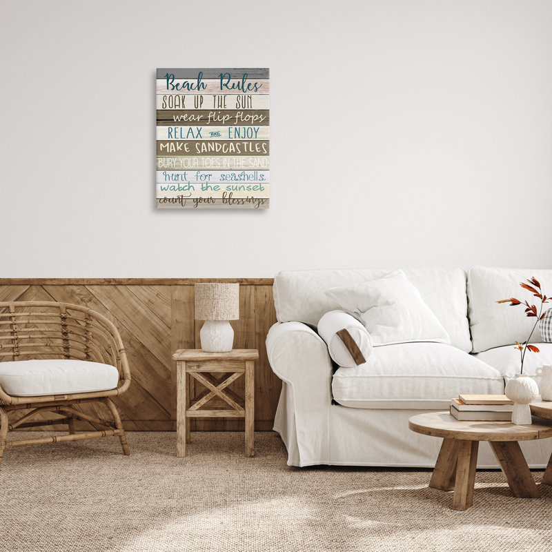 «Nautical Fun Beach Rules List Rustic Boardwalk» par Kim Allen - impression d'art textuel, H 30 po x l 24 po