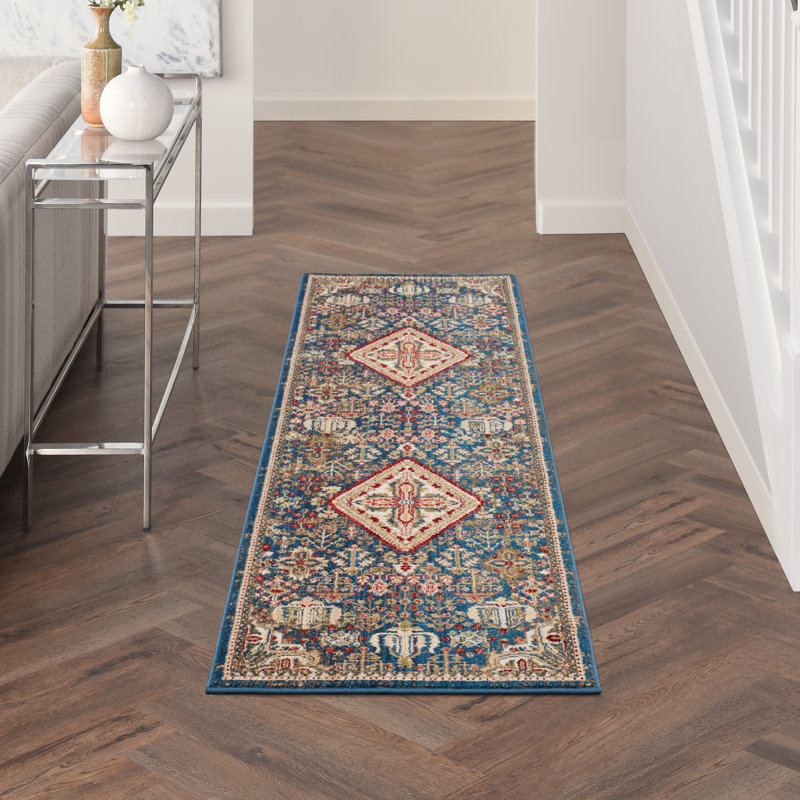 Tapis oriental en polypropylène bleu tissé à la machine, Tapis de couloir 2 pi 4 po x 7 pi 9 po