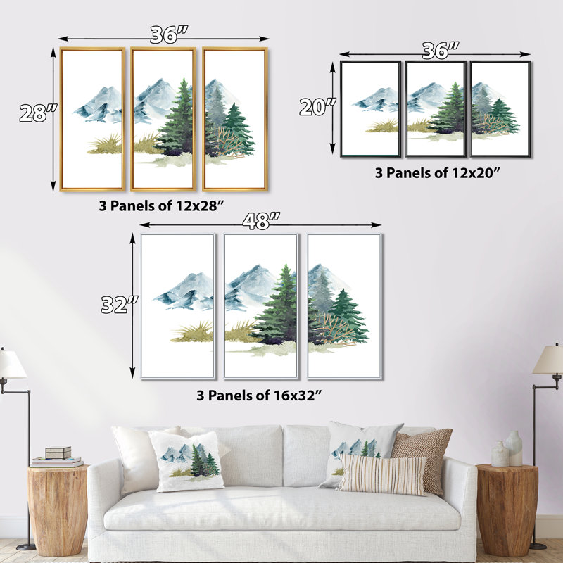 «Pine Trees In Mountain Landscape», peinture sur toile 3 pièces, H 28 po x l 36 po, Cadre doré simple