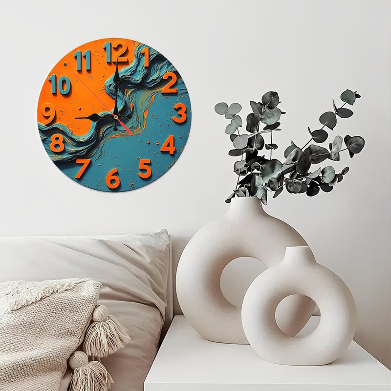 Horloge murale abstraite orange et bleue